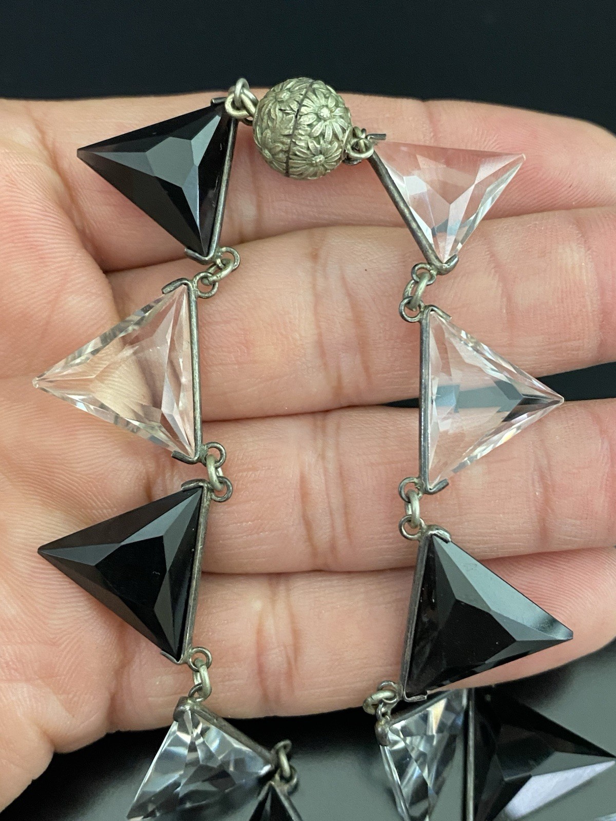 Art Deco VTG Silver Tone Trillion Cut Clear & Black Rock Quartz Choker Necklace