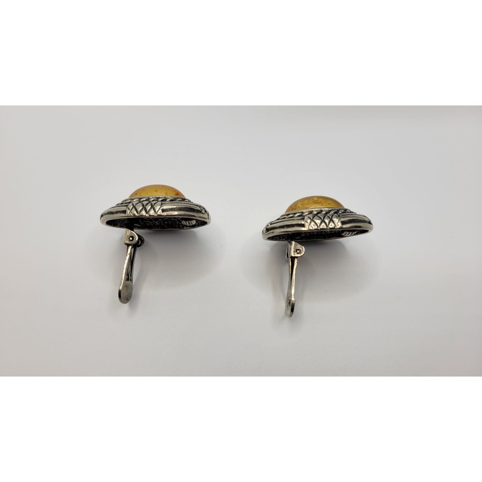 Ben Amun Faux Amber Clip On Earrings Antiqued Silvertone Cabochon Signed Vintage