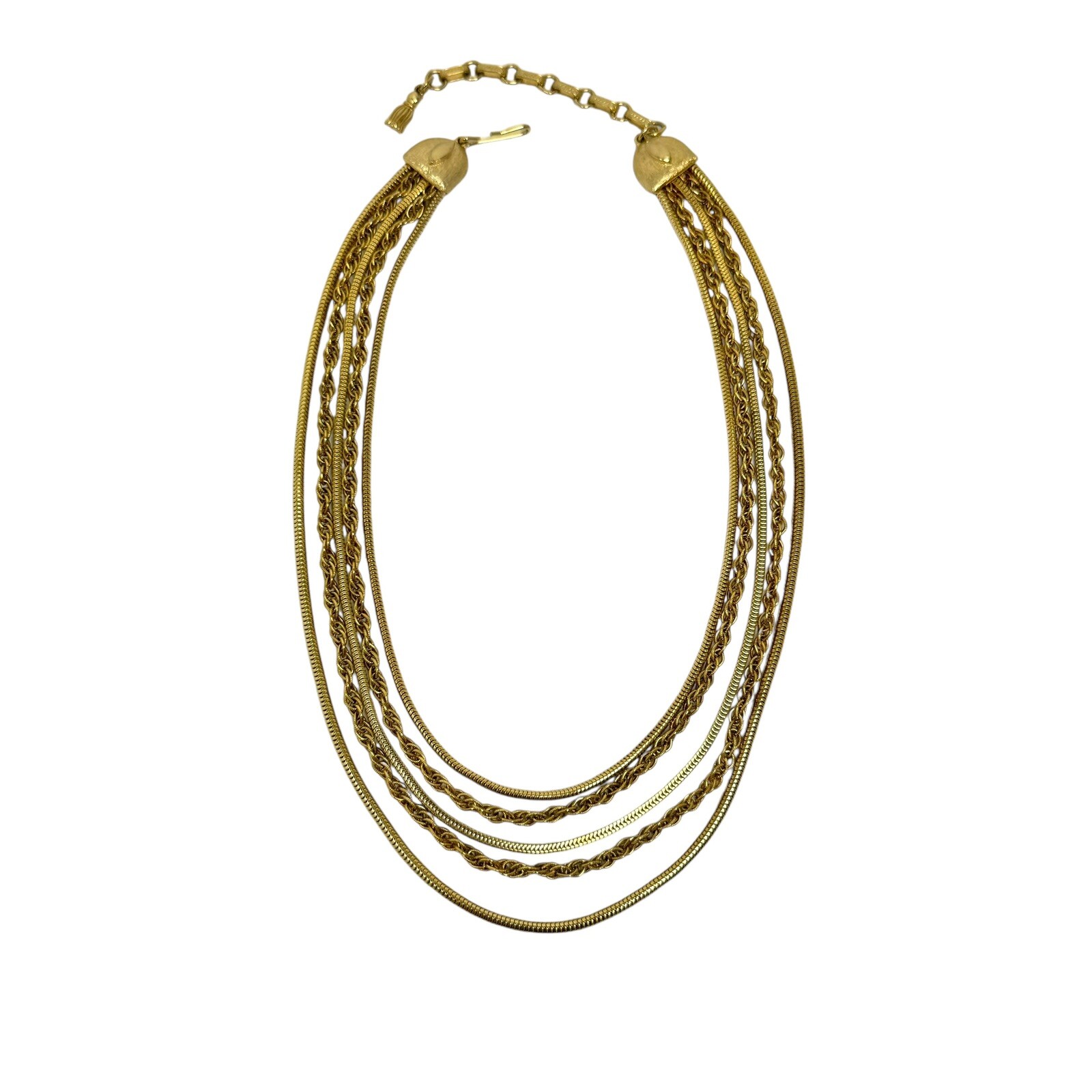 Vintage Gold Tone 5 Layered Flat Serpentine and Multilink Chain Collar Necklace