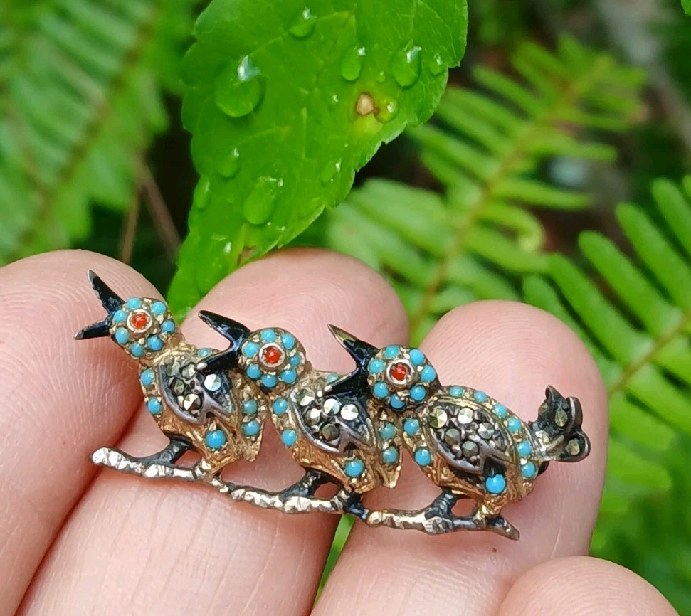 Nice Sterling Silver Enamel Marcasite 3 Birds Branch Brooch/Pin Germany US Zone