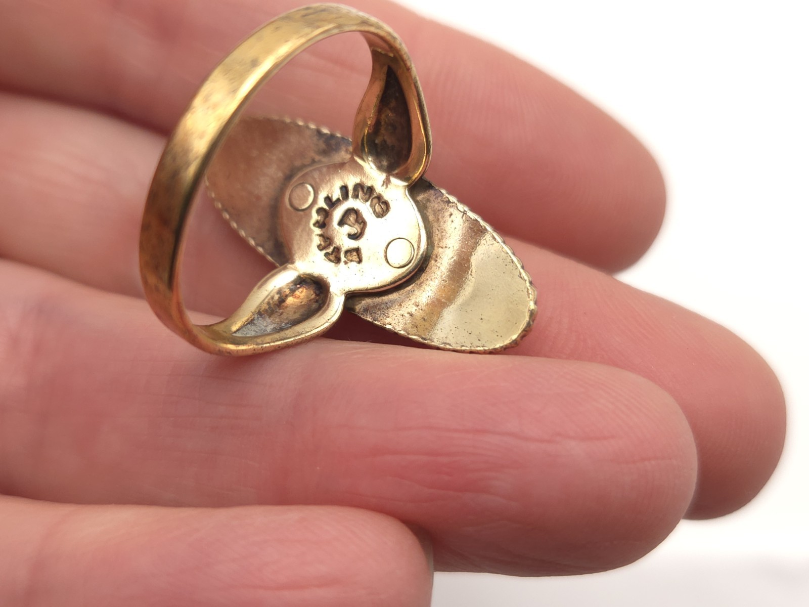 Vintage Sterling Gold Wash Signed JP Jane Popovich Navajo Elongated Jade Ring