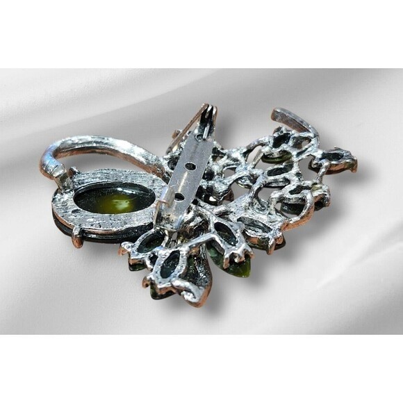 Vintage Style Lime Green Floral Brooch Silver Tone Rhinestone Botanical Pin