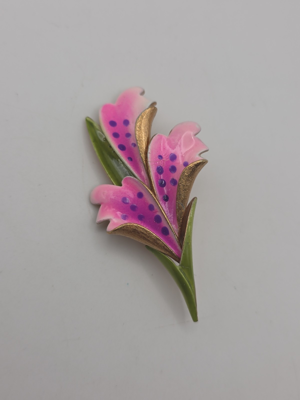 Vintage Corocraft Enameled Pink Purple Lily Orchid Retro Brooch Gold Tone Signed