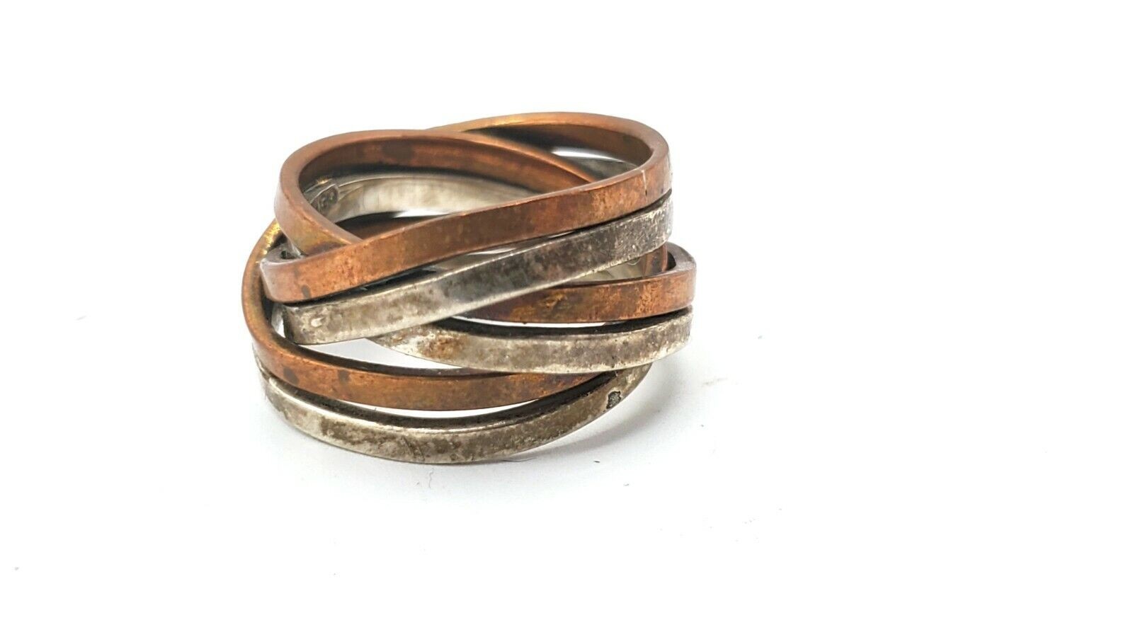 Vtg Signed Mexico Checkmark Artisan Sterling Silver Copper Mixed Metal Ring
