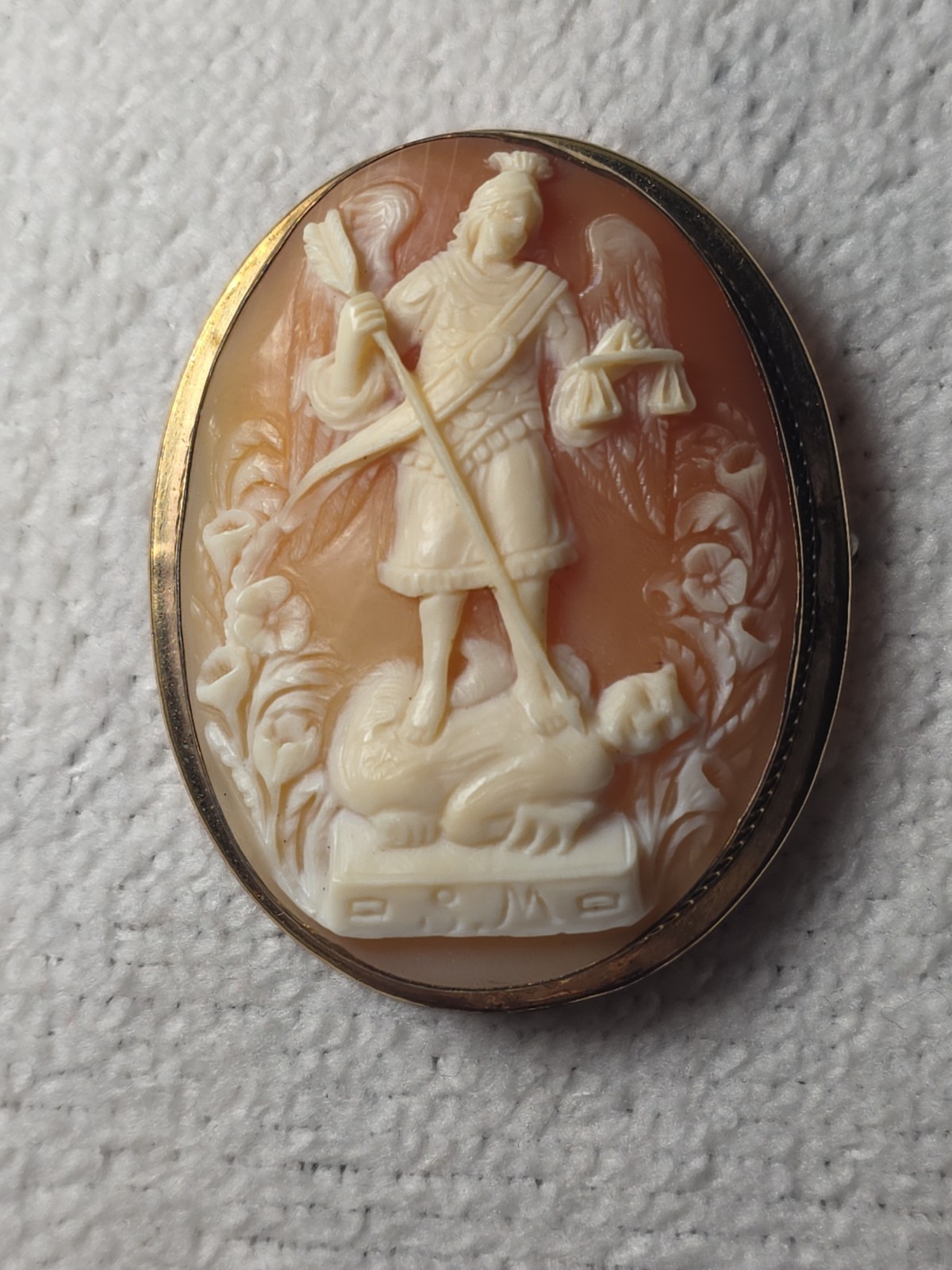 Vintage St. Michael Archangel Cameo Brooch 10k GF Signed S.M. in AMCO Setting