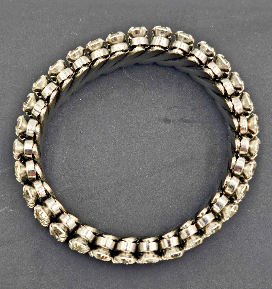 Vintage Made in Japan Rhinestone Expansion Bracelet Silver Tone
