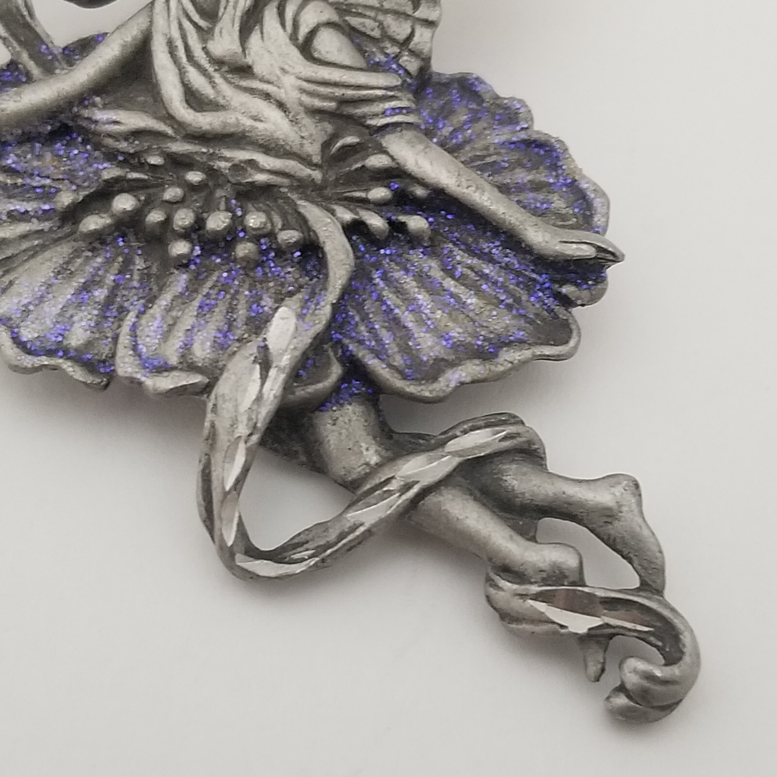 JJ Jonette Jewelry Pewter Fairy Purple Glitter Brooch Pin Fairytale Fantasy