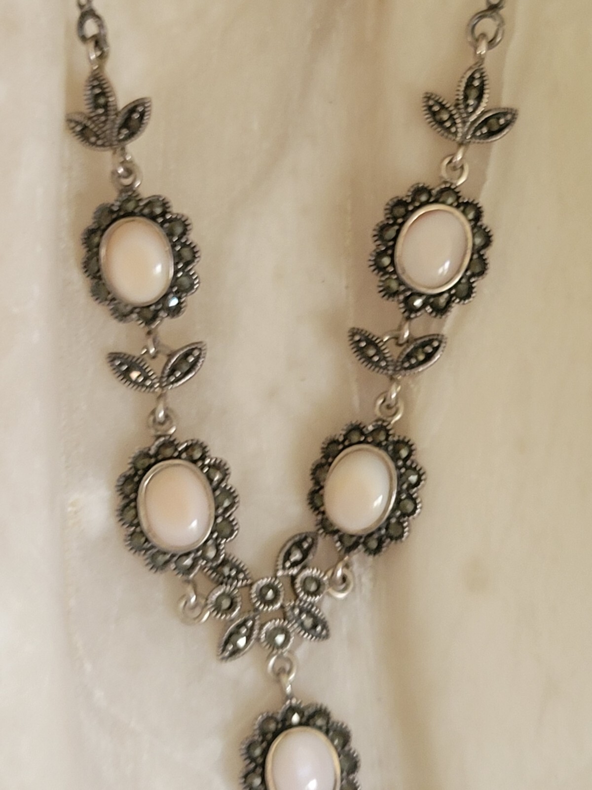Edwardian/Victorian Style Sterling/Marcasite/ Angel Skin Coral Station Necklace