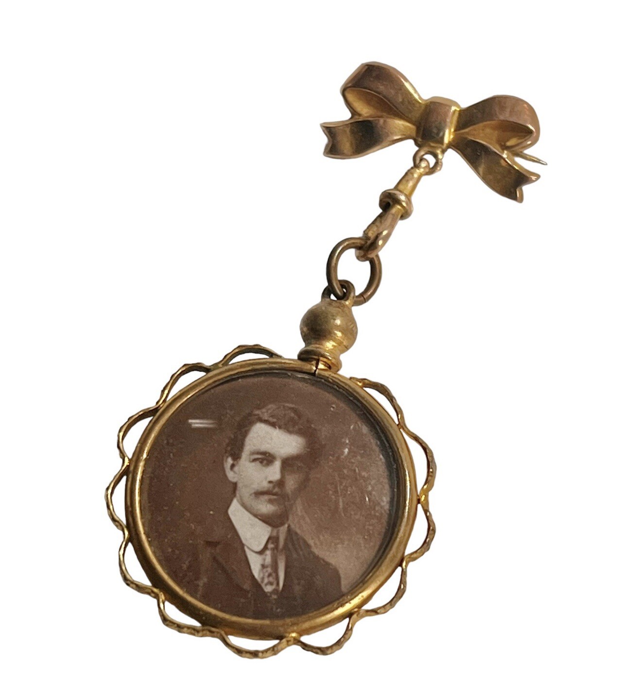 Antique A.J.C 9 Carat Gold Art Nouveau Double Portrait Photos Bow Pendant Brooch