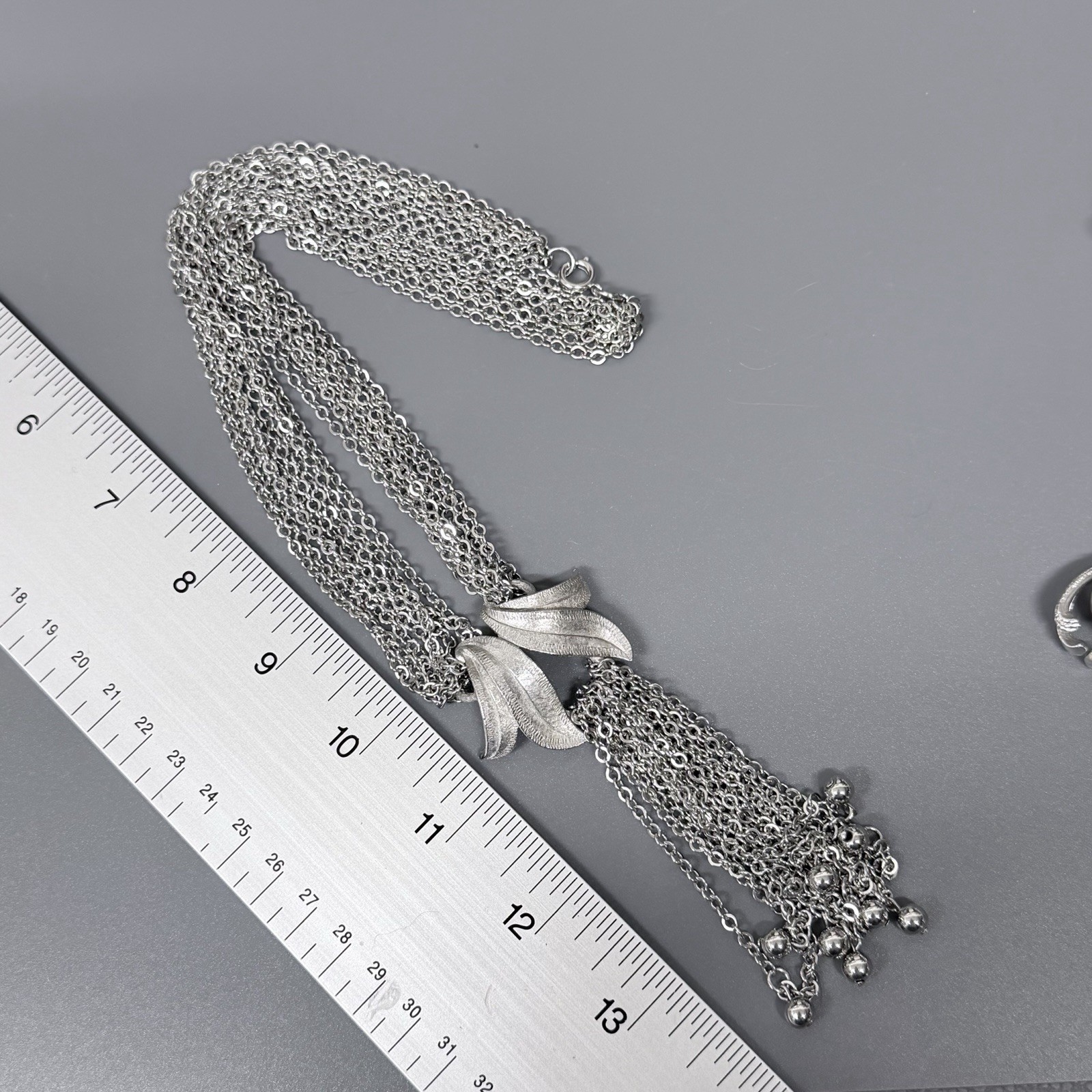 Vintage Tassel Necklace Multi Chain Gray Faux Pearl Clip Earrings Brooch Set