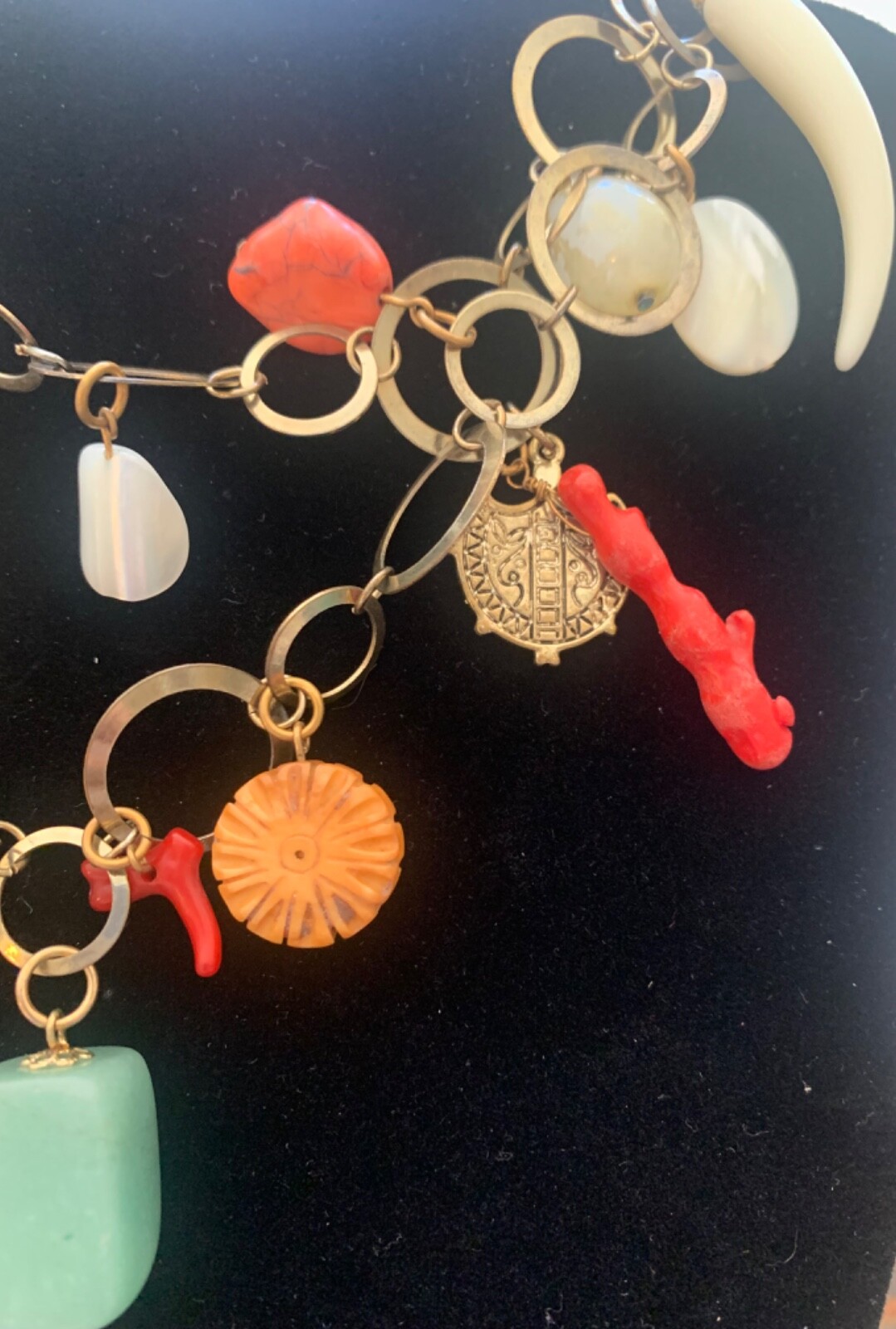 Vintage Metal Link Necklace with Glass and metal Charms stone, faux coin & shell