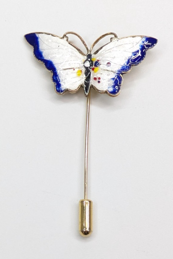 Vintage Blue & White Enamel Open Wing Butterfly Gold Tone Stick Pin 2.5″