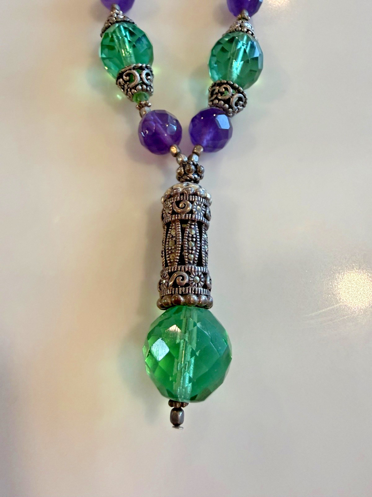 Vintage Sterling Necklace Boho Amethyst and Green Faceted Bead with Drop Crystal