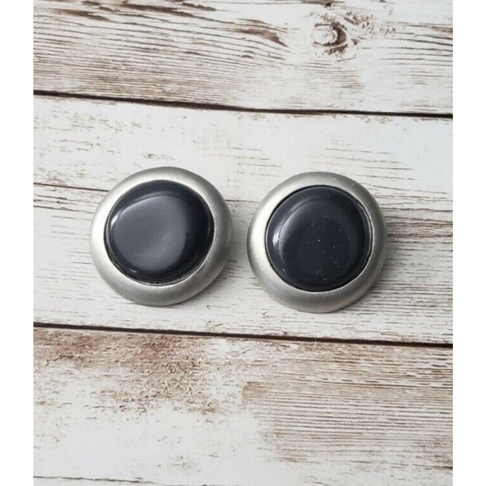 Vintage Clip On Earrings Pushed in Black With Silver Tone Halo
