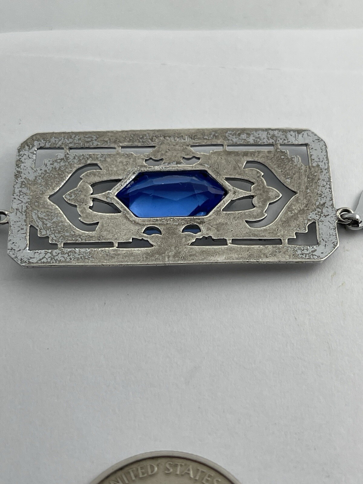 Antique Art Deco Blue Lozenge Shape Plaque Rhodium Plated Sterling Necklace
