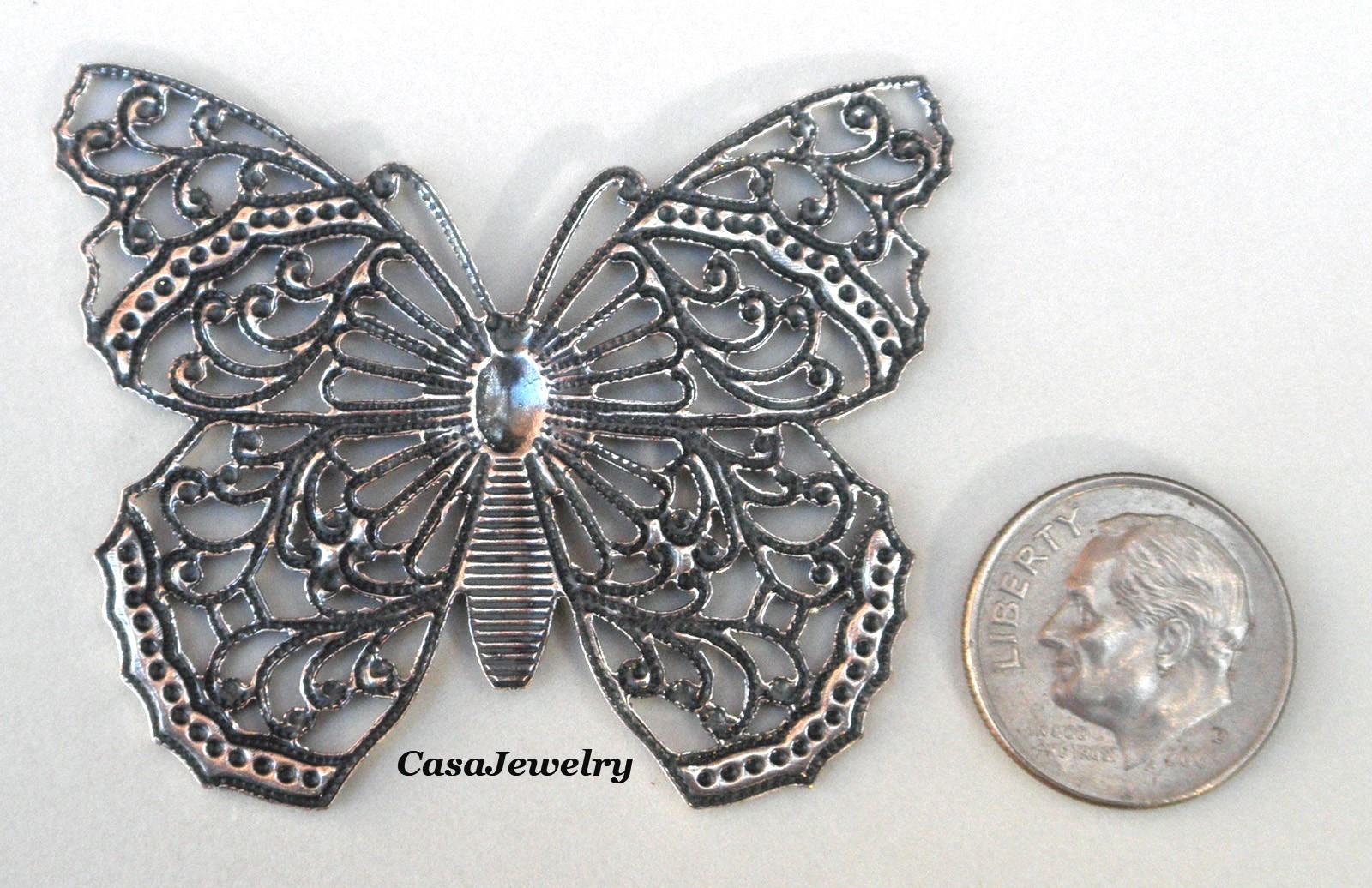 #3211 LARGE ANTIQUED STERLING SILVER PLATED OPEN FILIGREE BUTTERFLY – 1 Pc