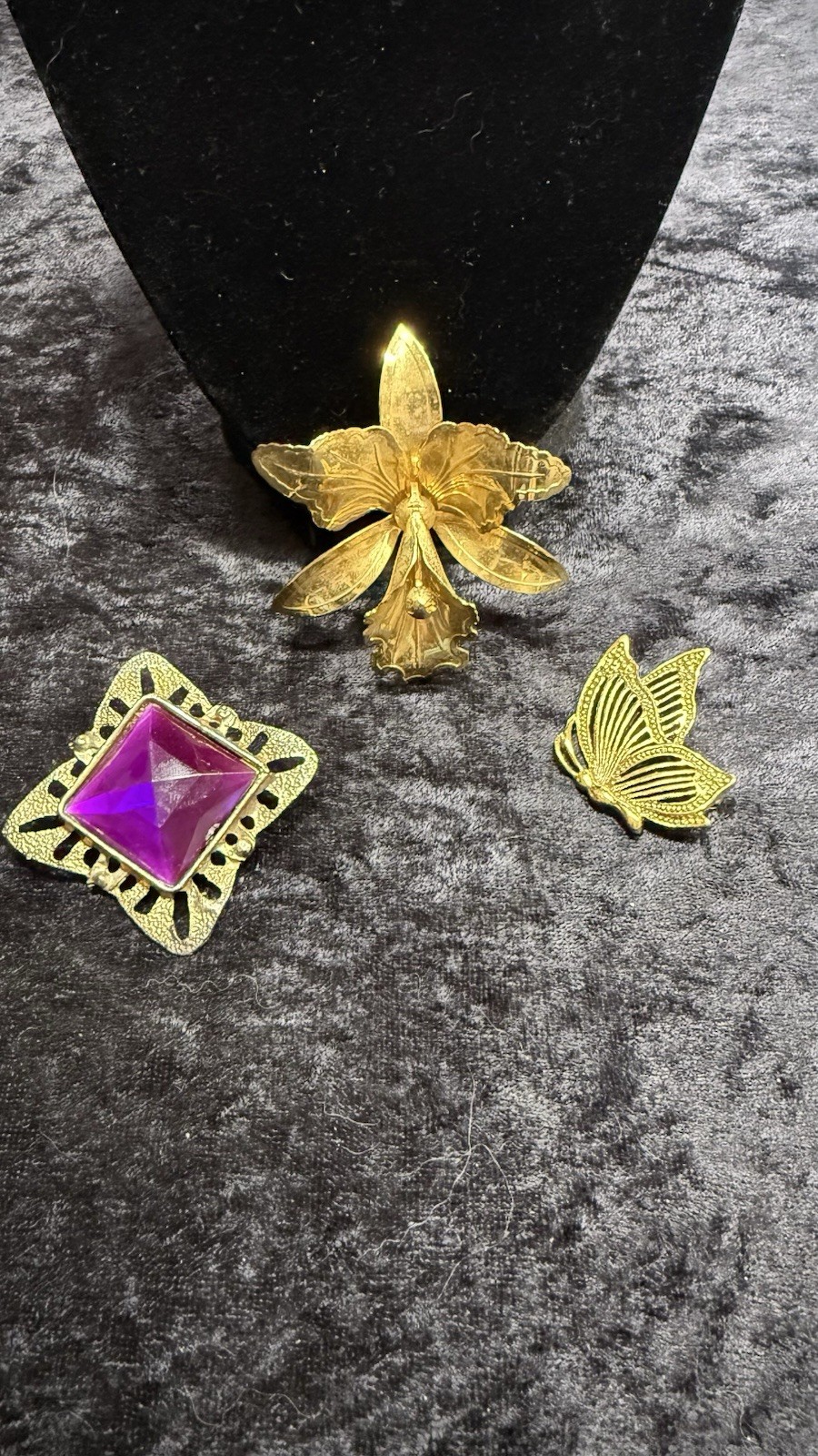 Set Of 3 Vintage Gold Tone BroochesEtched Orchid,Butterfly Filigree,Purple Stone