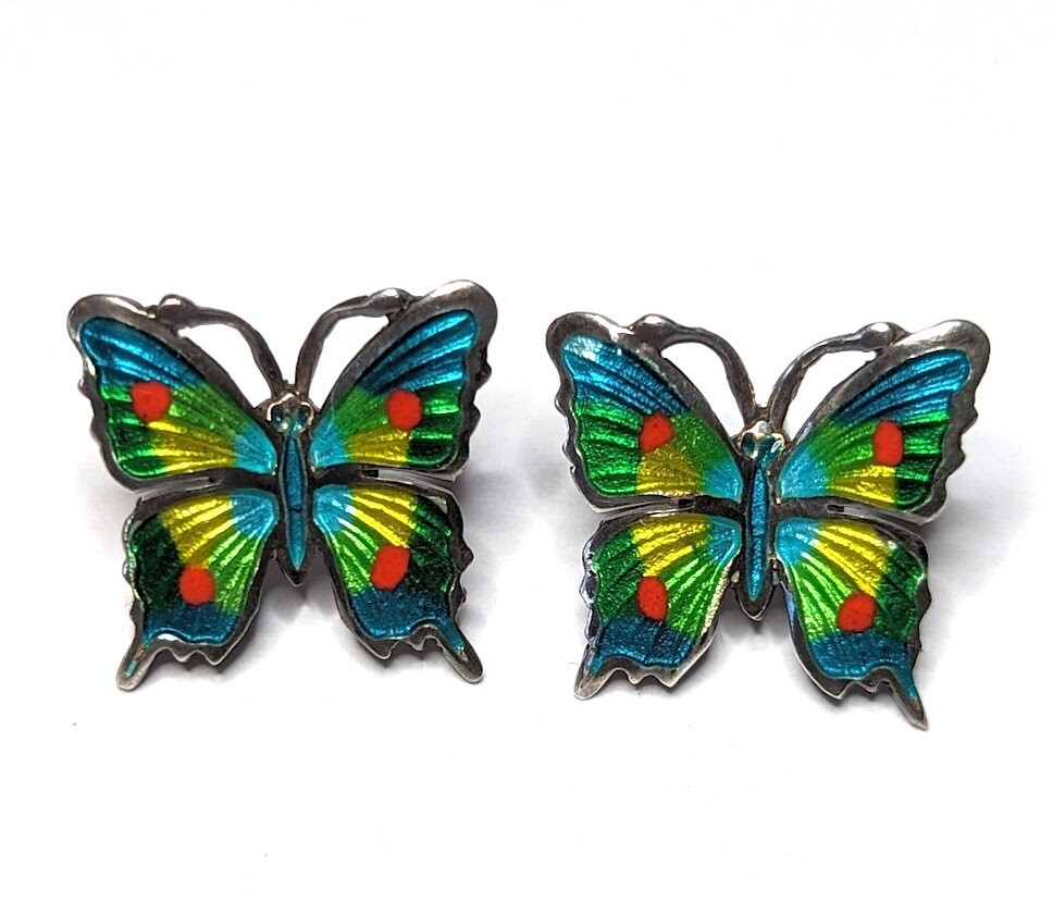 Vintage Fine 980 Silver Espinosa Butterfly Earrings Enamel Mexico Unsigned
