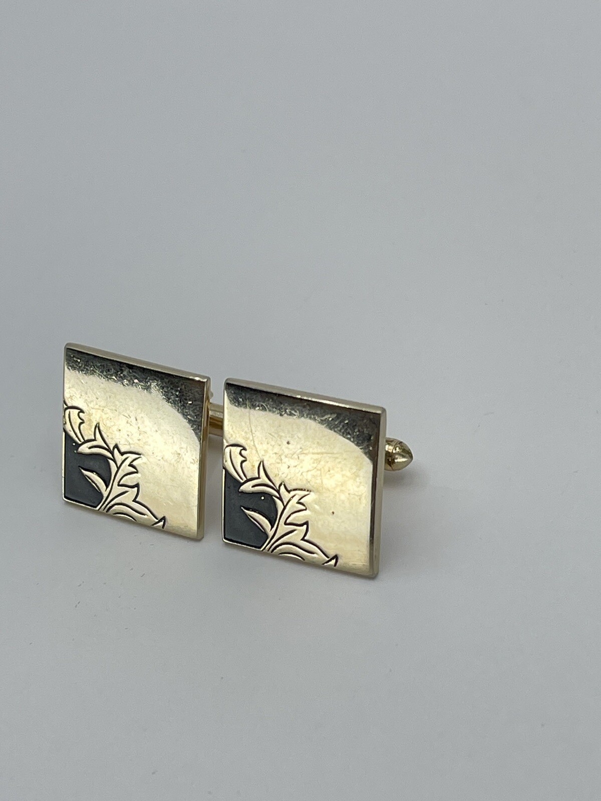 Vintage Swank square mens cufflinks raised etched leaf motif with black enamel