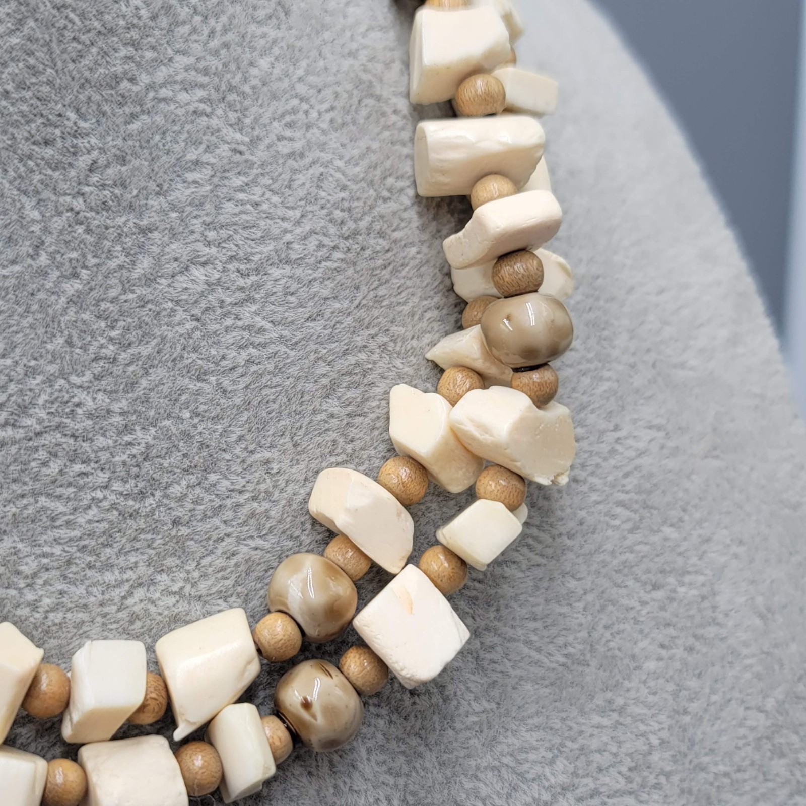 Vintage Bead Necklace Wood Ceramic Cow Bone Long 32″