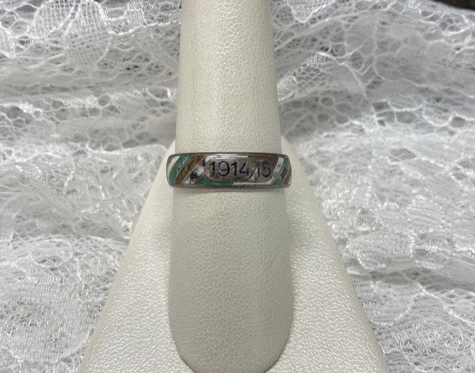 Vintage WWI 1914/15 Sterling Silver Ring Size 8.5 Enamel Green White Brown Black