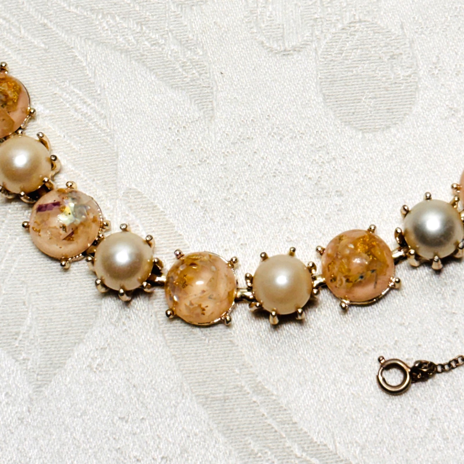 CORO pink confetti Lucite cabochon faux pearl bracelet fold over clasp vintage