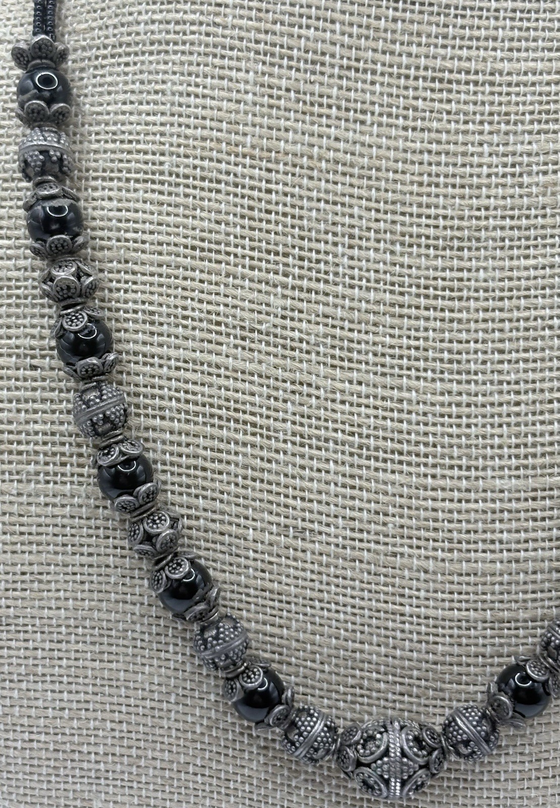 Vintage Bali Style Sterling Onyx Beaded Necklace Granulation 20” Hook Clasp