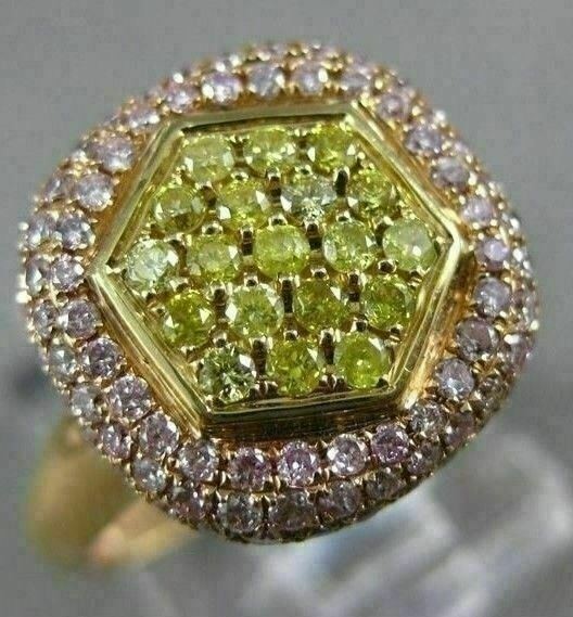 ESTATE WIDE .86CT PINK & FANCY YELLOW DIAMOND 18K ROSE GOLD SQUARE CLUSTER RING