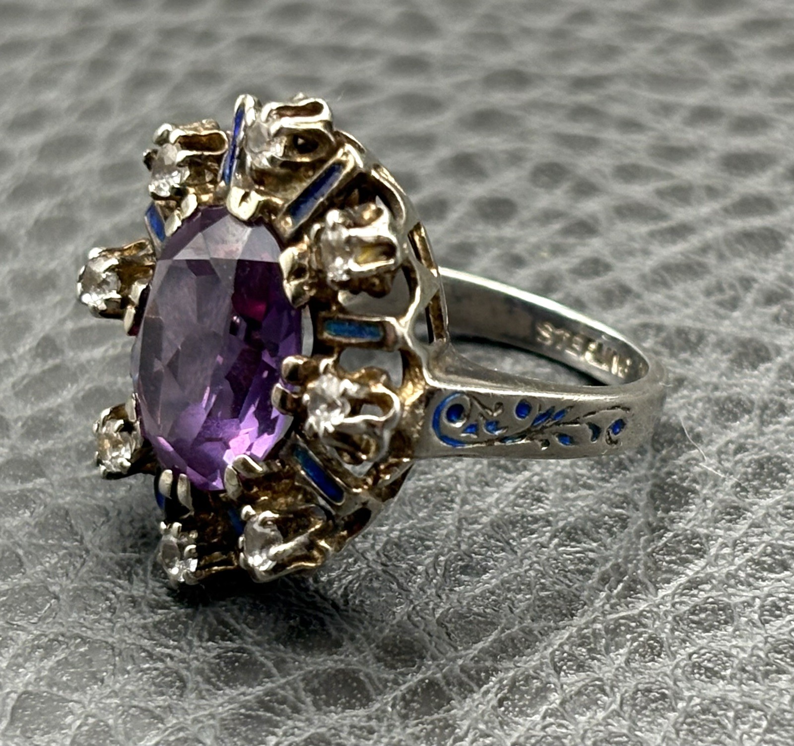 Vintage Huge Purple Sapphire Sterling Silver Blue Enamel Cocktail Ring Size 5.5
