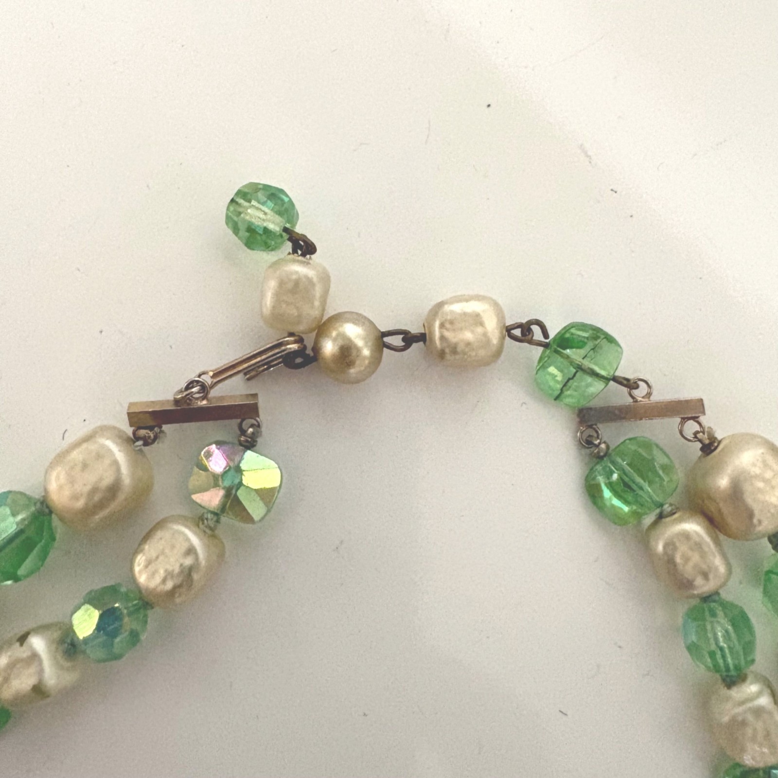 Vintage Double-Strand Necklace with Green and Faux Pearl Beads Hook Clasp