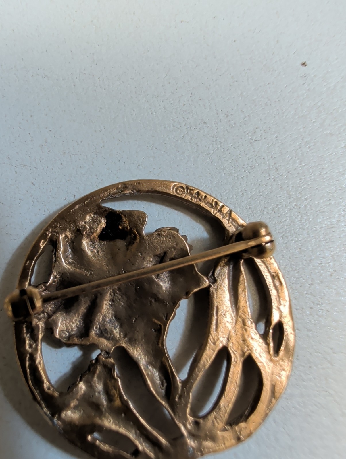 Vintage Signed ALVA Museum Replicas Art Nouveau Gold Tone Openwork Flower Brooch
