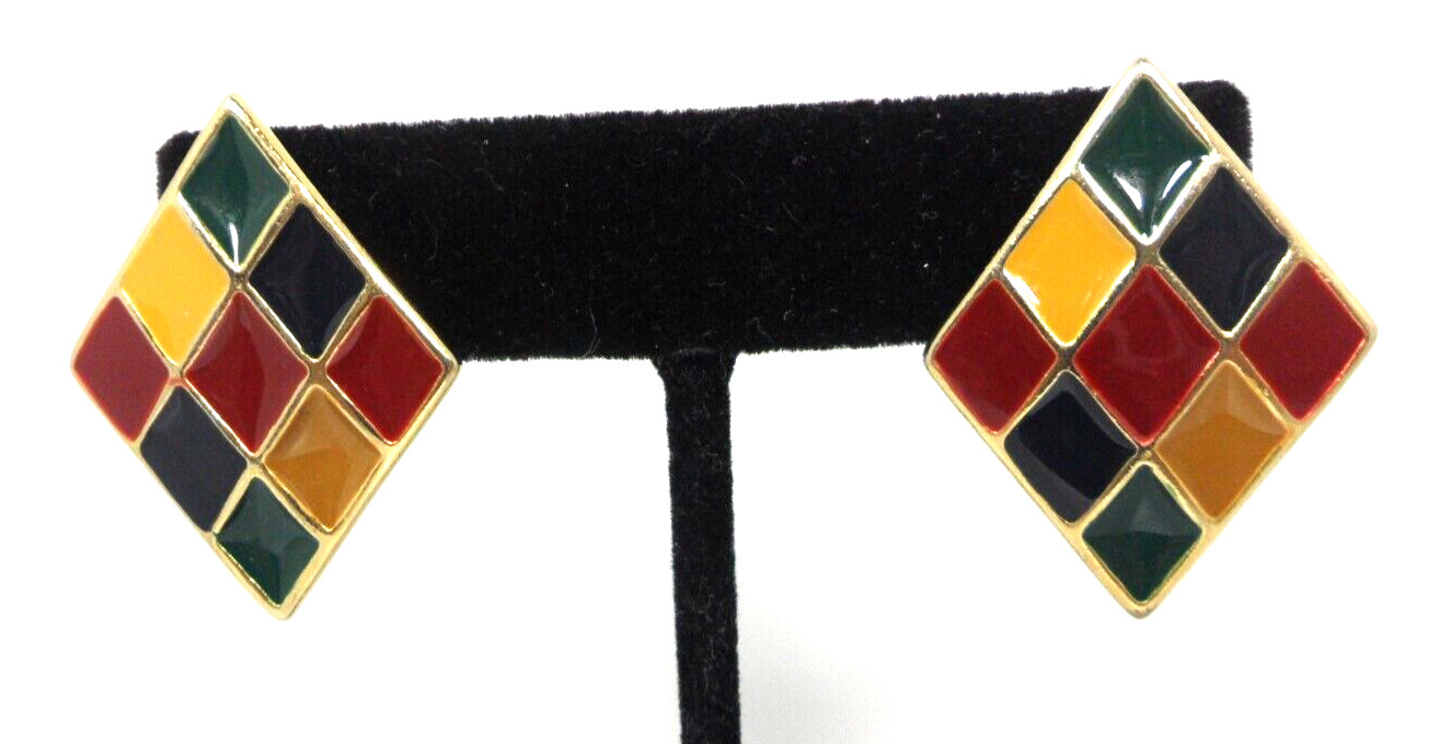 80s Art Deco Earrings Harlequin Enamel Squares Rhombus Lozenge Geometric Cubist