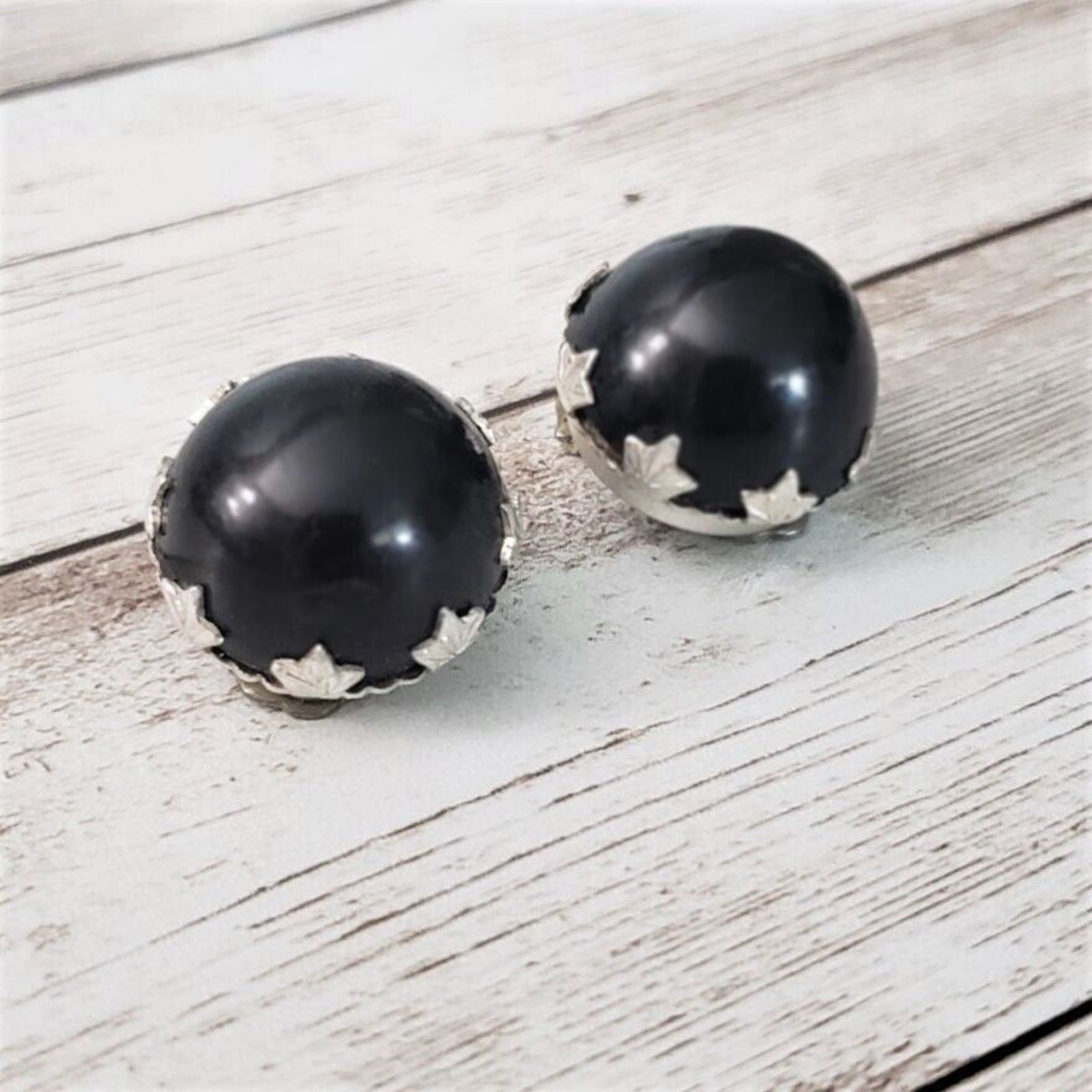 Vintage Clip On Earrings Black Domed with Silver Tone Leaves Detail 0.75″