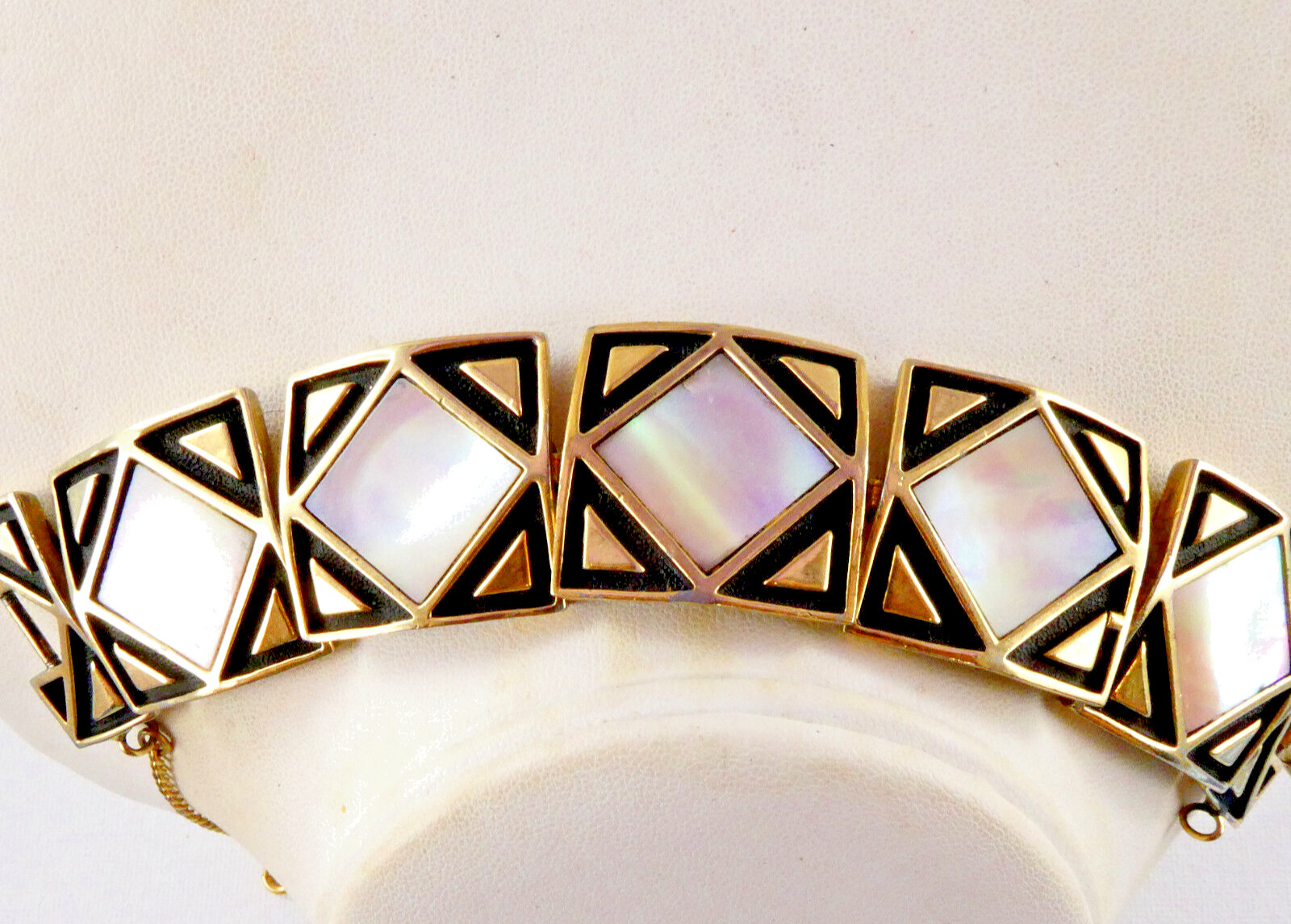 Vintage MOP Square Links Articulated Bracelet w/ Safety Chain Mother of Pearl