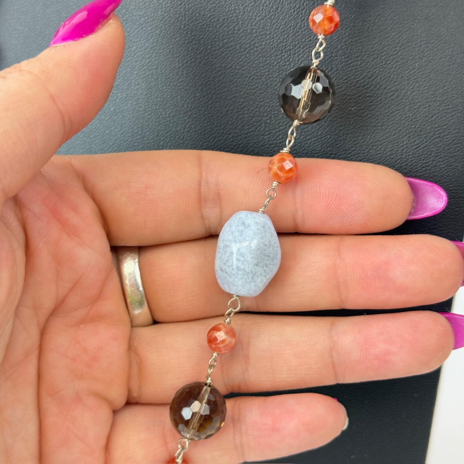 Polished Agate Blue Gemstone Smoky Quartz Faceted 19″ Chain Necklace 925 Clasp