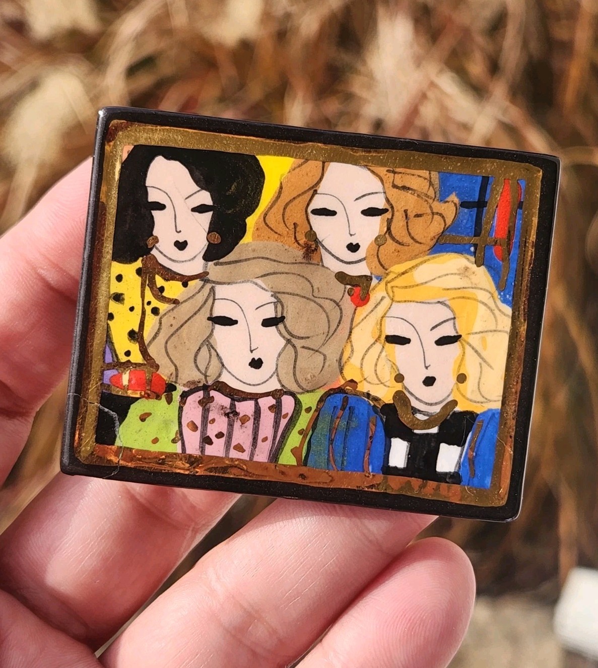 Laura Mostaghel Signed Hand Painted Folk Art Brooch Women Faces Portrait