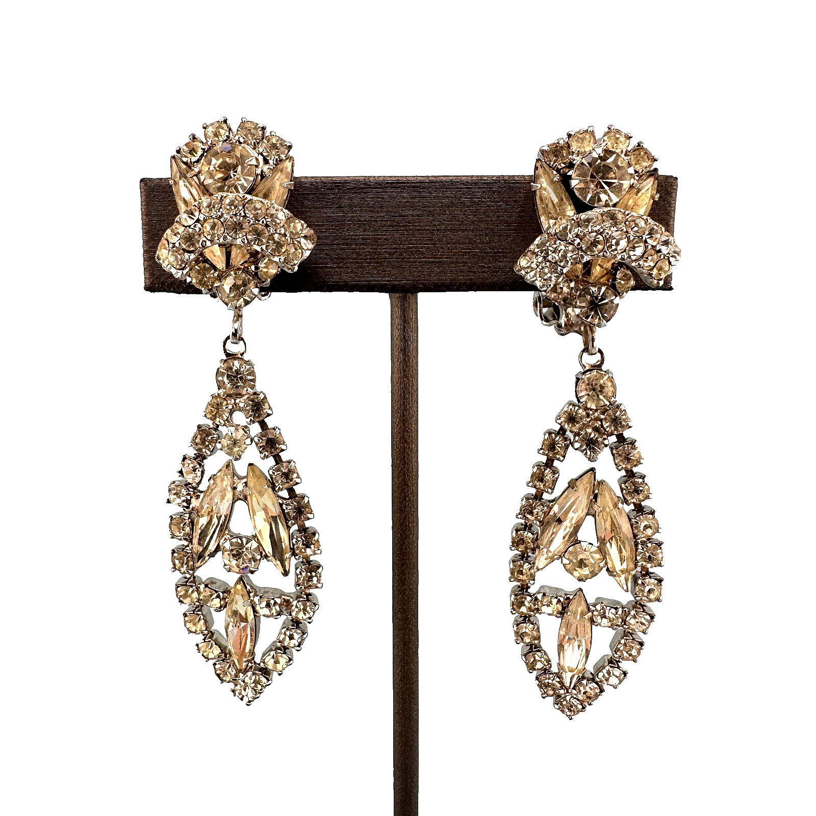 Vintage Rhinestone Earrings Chandelier Drop Clip On Statement Bridal Art Deco