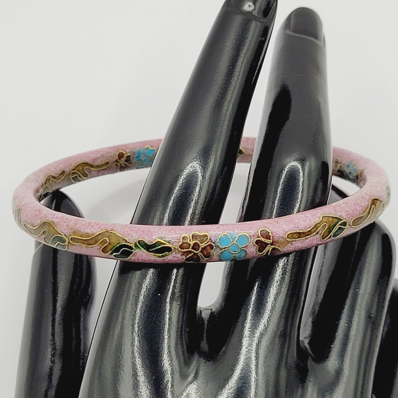 Cloisonné Asian Inspired Rose Mauve Color Floral Hand Painted Bangle Bracelet