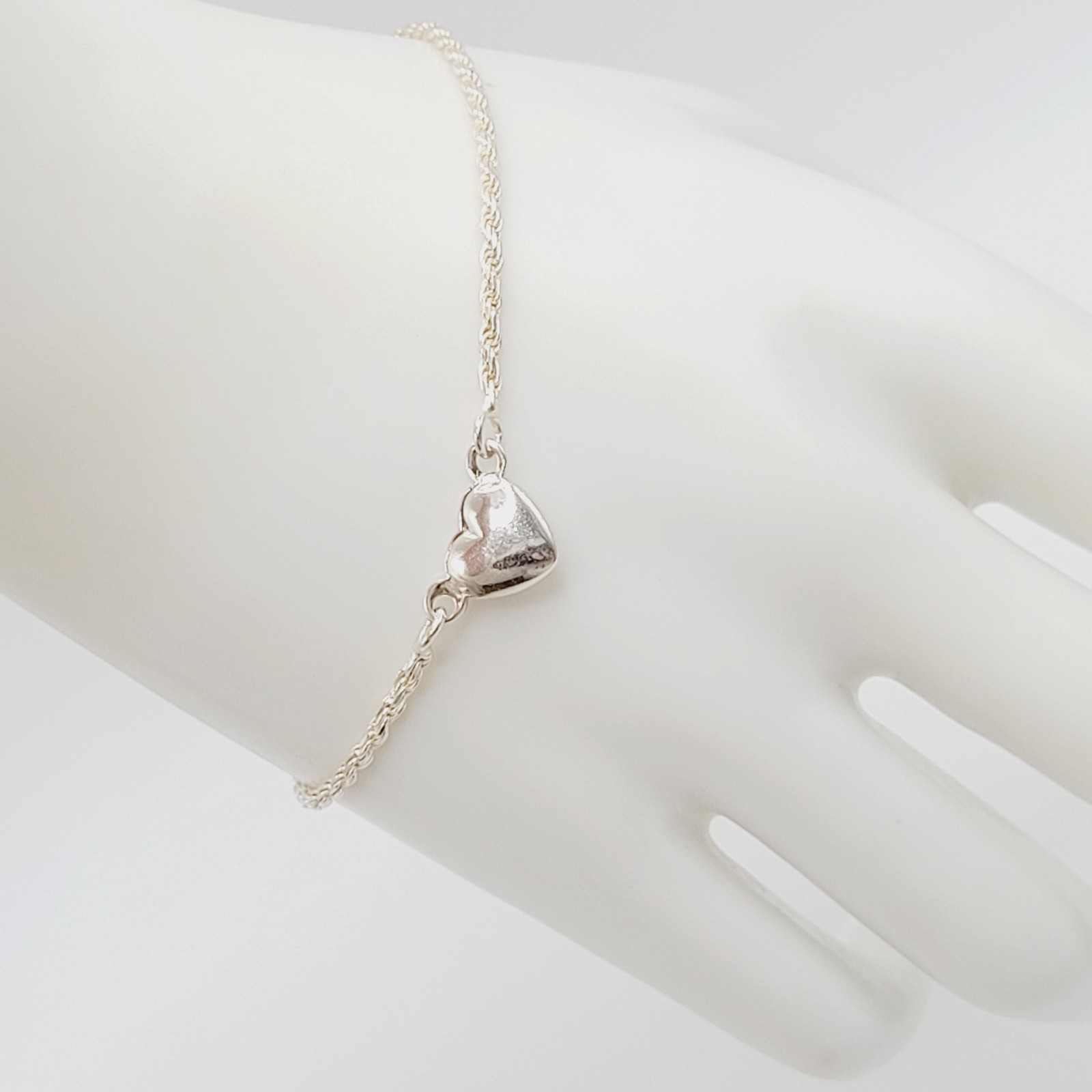Minimalist Dainty Puffed Heart Station 925 Sterling Rope Chain Bracelet 7.25 in