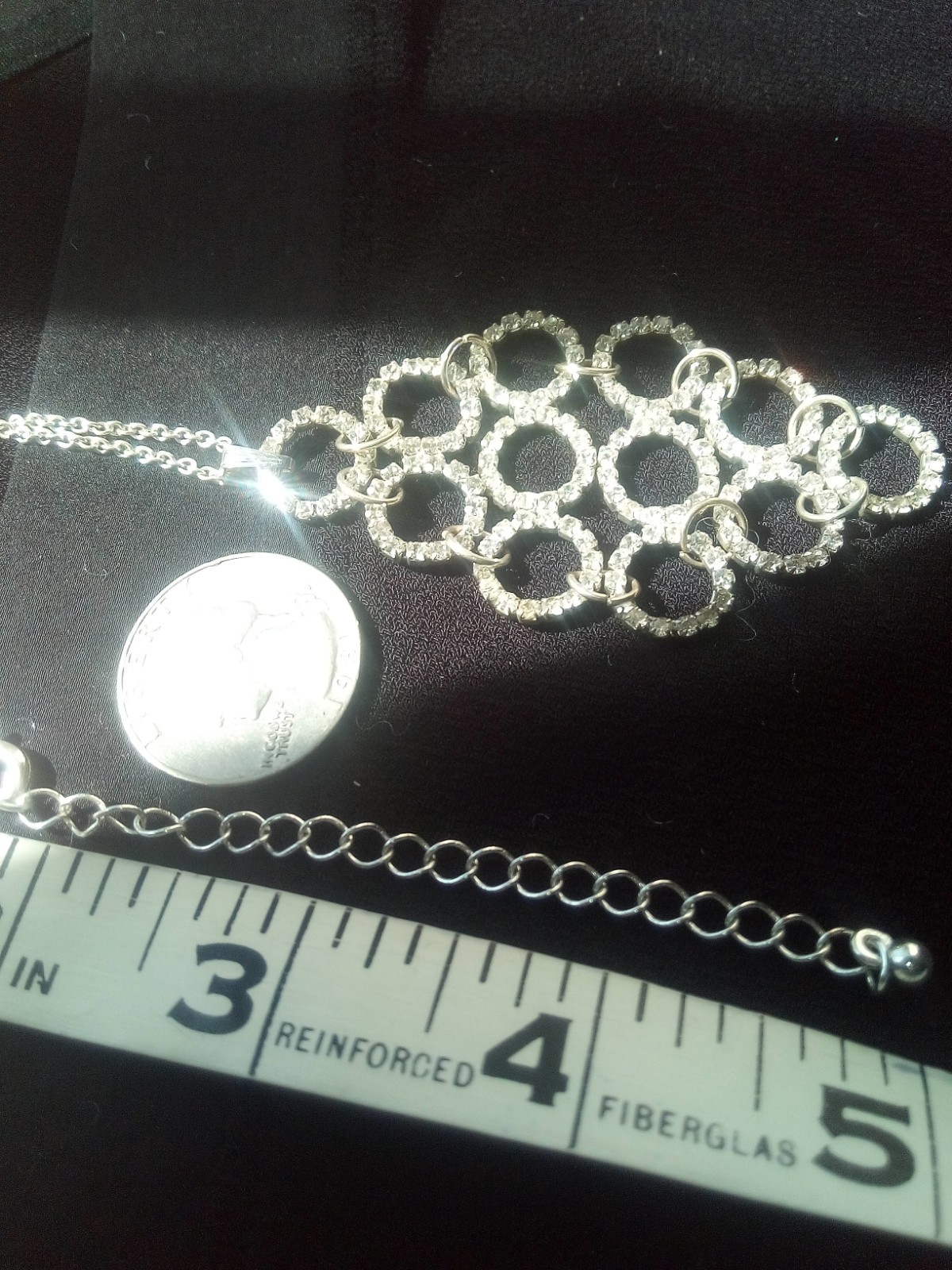 Neckl: 25, 2-1/2″ Pendant of Rhinestone Circles, ST, 17″ Chain, Lobster Clasp