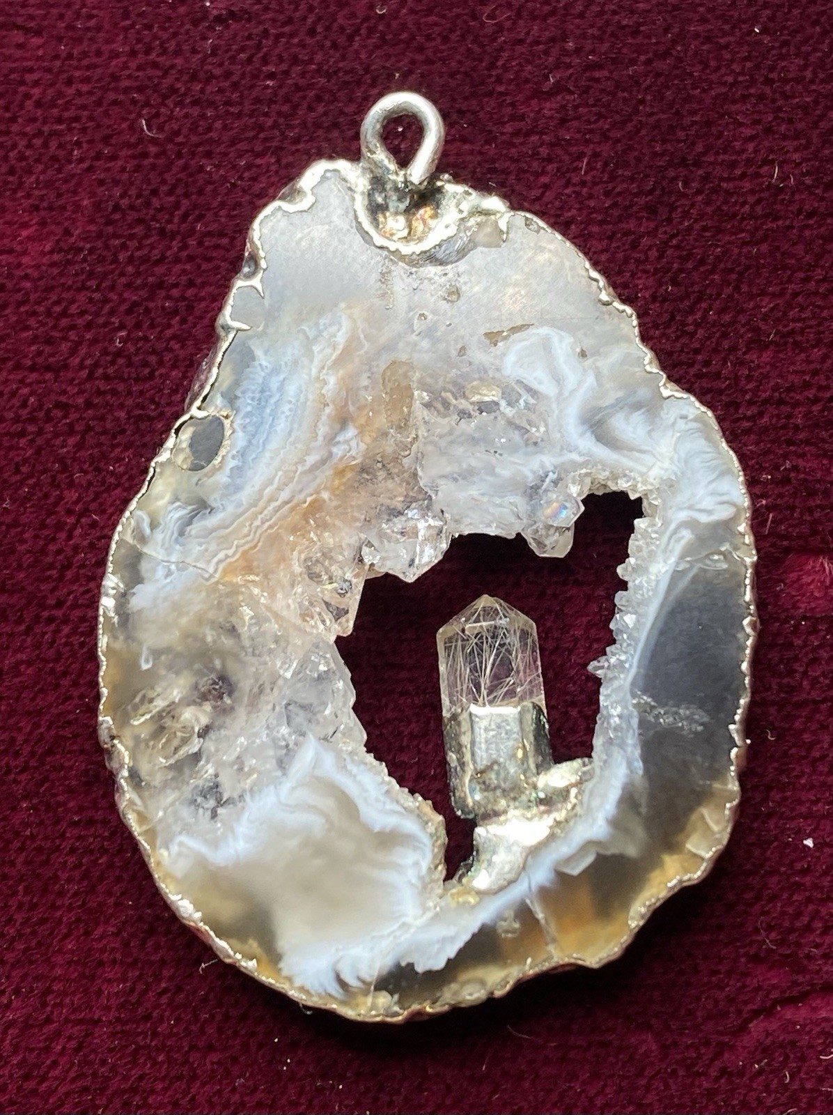 Very Cool Vintage Handcrafted Geode Slice & Rutilated Quartz Crystal Pendant