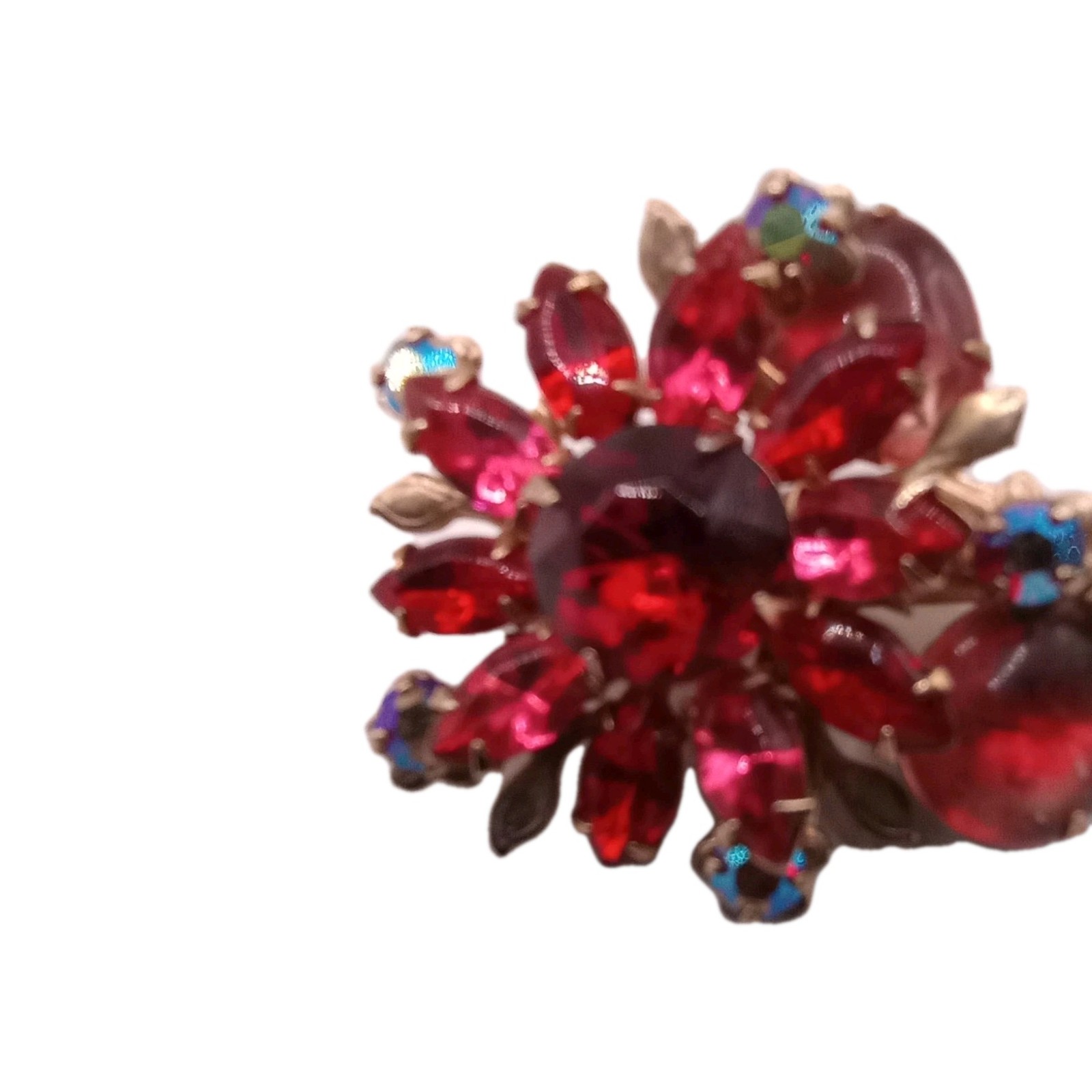 Vintage Ruby Red Floral Rhinestone Brooch Aurora Borealis Accent Pin 2 In