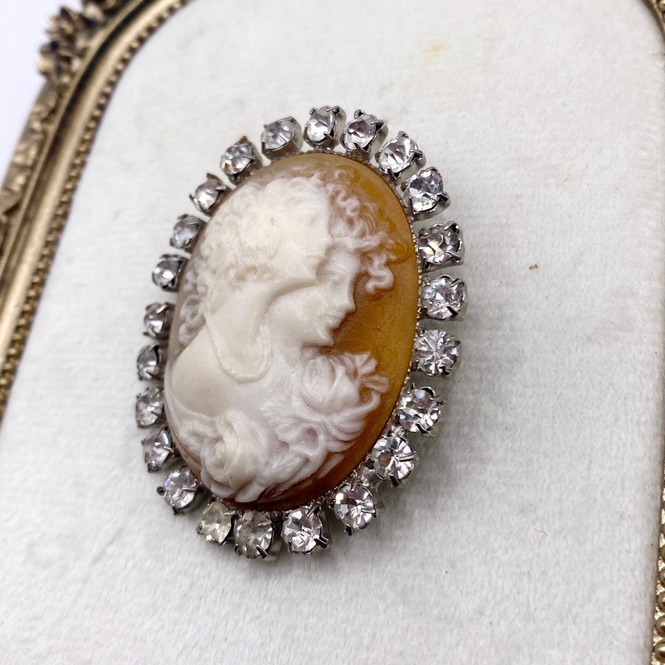 Vintage Resin and Rhinestones Cameo 2” Long Three Graces Theme