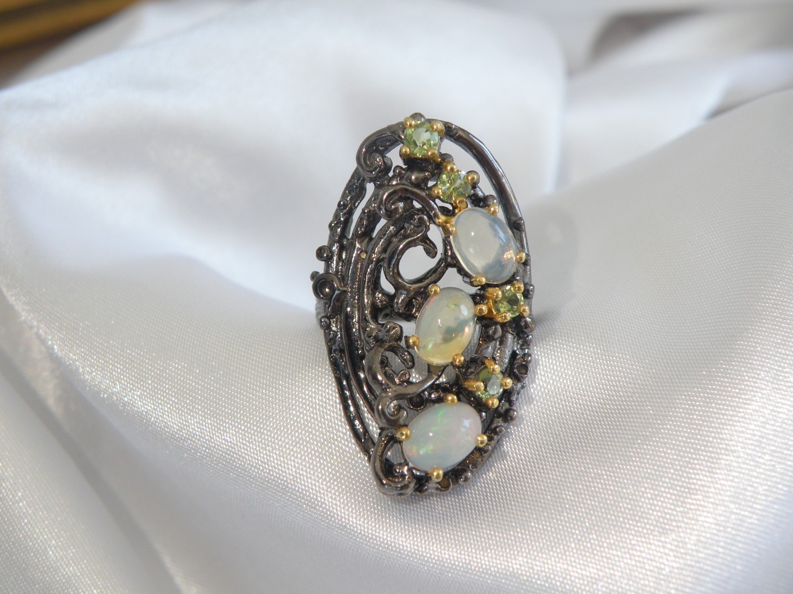 Brutalist Sterling Silver 925 Ethiopian Opal Peridot Modernist Ring Size 8