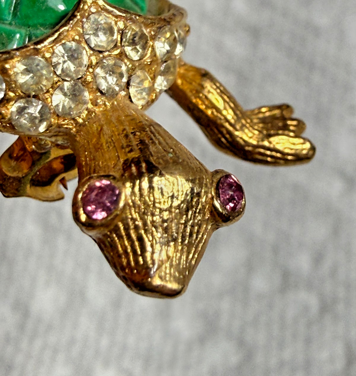 Vintage Turtle Brooch Pin Green Enameled Shell Gold Tone Pink Rhinestone Eyes