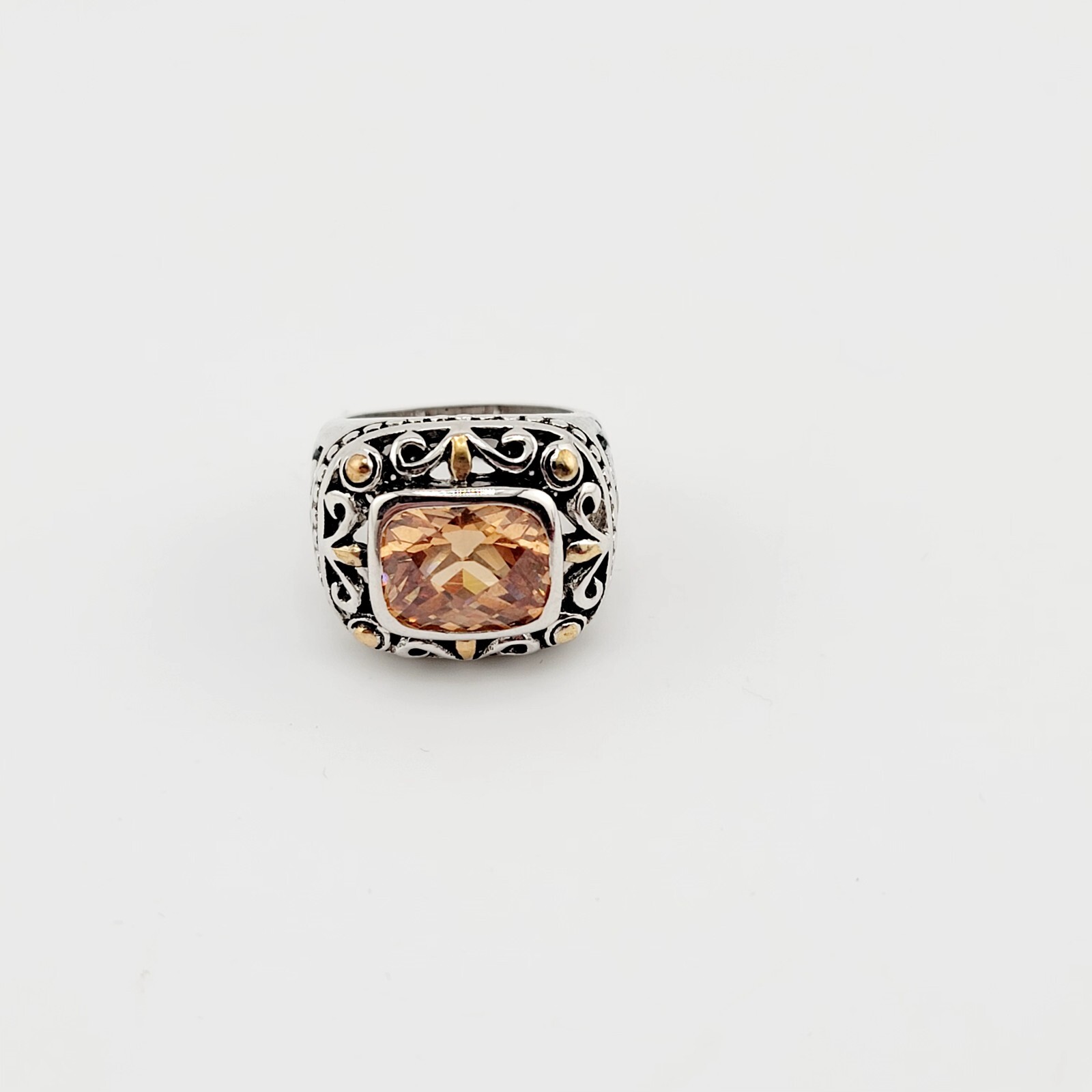 Vtg Ring Sz 6 Citrine Topaz Amber Cubic Zirconia Medieval Jewelry Flower A#04