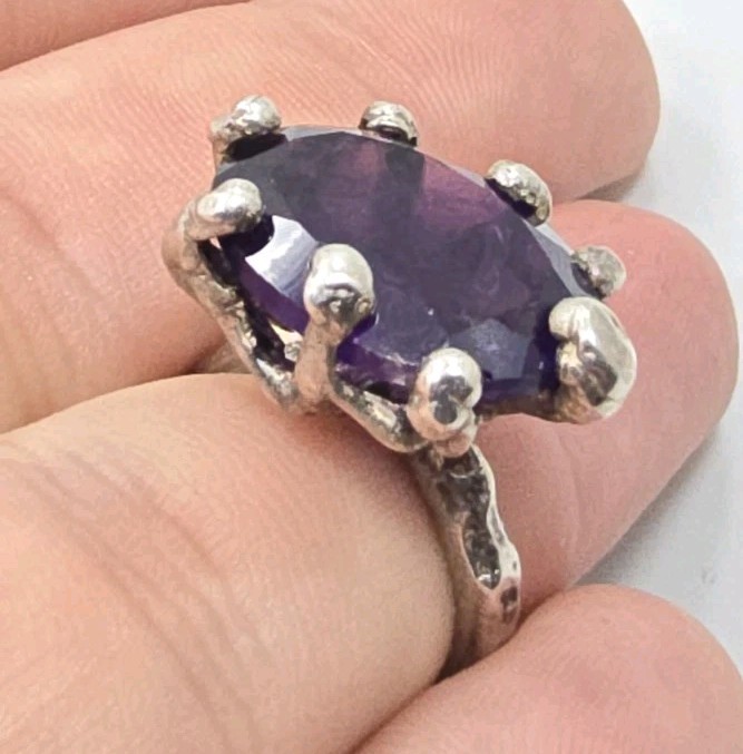 Beautiful Vintage Sterling Silver 925 Brutalist Amethyst Ladies Ring Size 5
