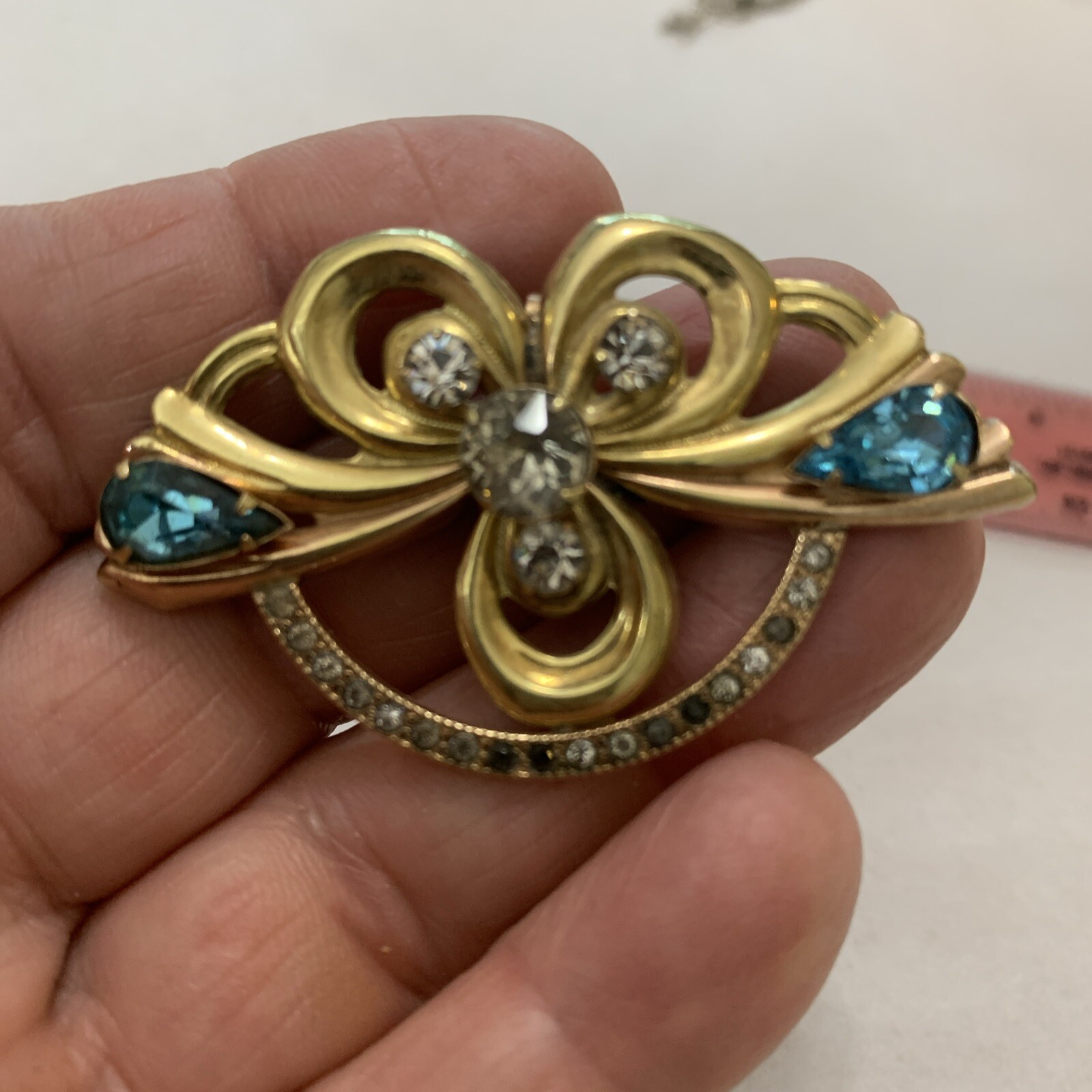 Co? 12k Gold Filled Brooch Pendant Ca. 1950 Clear Andfaux Blue Topaz