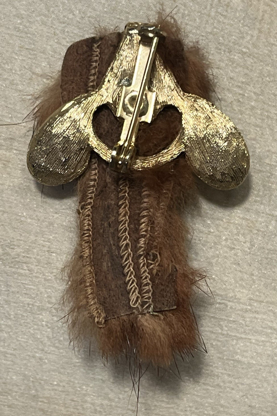 Faux Fur Mouse Brooch Gold Tone Vintage