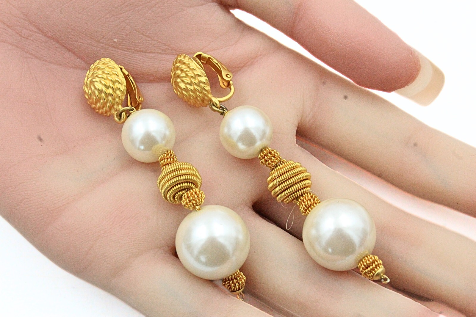 Marvelous Classic Faux Pearl Textured Gold Plate Long Dangle Drop Earrings